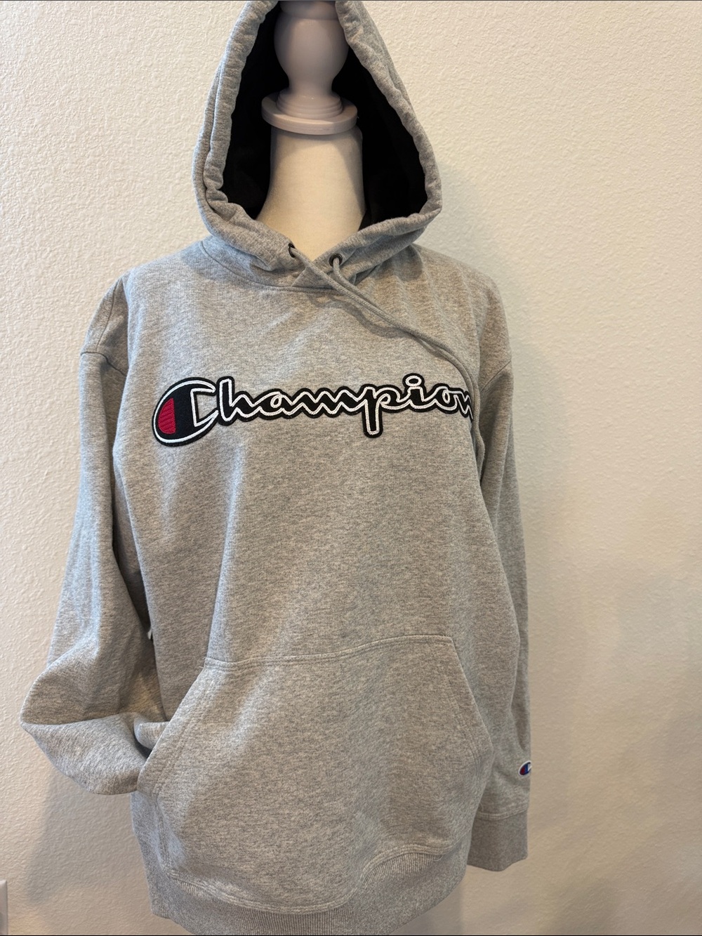 Champion Heather Gray Hoodie with Black & Red Script Logo